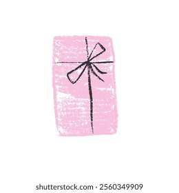 Crayon gift box. Scribble style festive present Chalk drawing holiday decorative packaging. Vector illustration isolated on white background