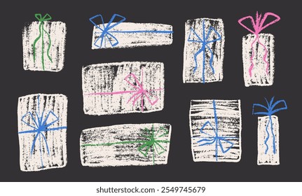 Crayon gift box set. Chalk present packaging with ribbon bows. Collection of festive scribble birthday party elements. Square and rectangle prize symbol. Vector illustration on black background.