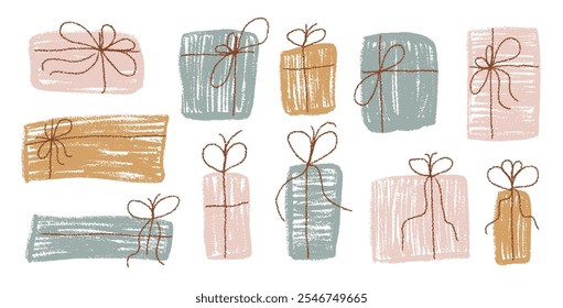 Crayon gift box set. Holiday present in boho pastel color wrap paper with simple ribbon decoration. Scribble naive style festive elements. Vector illustration on white background.