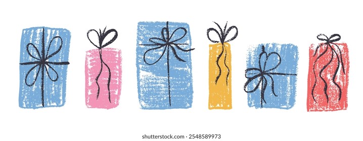 Crayon gift box set. Holiday present wrapped with simple ribbon bow decoration. Scribble naive style festive elements. Vector illustration on white background.