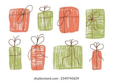 Crayon gift box set. Holiday present in red and green color wrap paper with simple ribbon decoration. Scribble naive style festive elements. Vector illustration on white background.