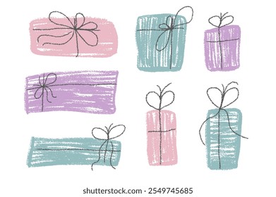 Conjunto de caja de regalo de crayón. Festiva presente en papel de envoltura de color pastel con decoración de cinta simple. Elementos festivos de tiza garabateada. Ilustración vectorial sobre fondo blanco.