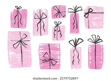 Crayon gift box set. Holiday present in pink color wrap paper with simple ribbon decoration. Scribble naive style festive elements. Vector illustration on white background.