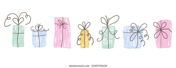 Crayon gift box set. Present preppy packaging with ribbon bows. Collection of festive elements in doodle scribble style. Square and rectangle prize symbol. Vector illustration on white background.