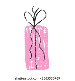 Crayon gift box. Valentine day pink decoration. Coquette doodle style present with ribbon bow. Vector illustration isolated on white background