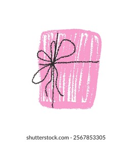 Crayon gift box. Valentine day pink decoration. Coquette doodle style. Vector illustration isolated on white background