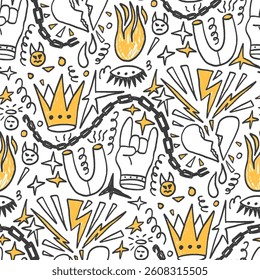 Crayon girly punk rock seamless pattern. Graffiti doodle marker endless background. Naive scribble hors, fire, crown repeat cover. Vector hand drawn black and yellow illustration.