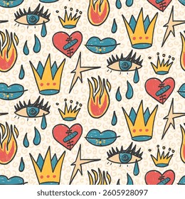 Crayon girly seamless pattern. Graffiti doodle marker endless background. Naive scribble fire, crown and eyes repeat cover. Vector hand drawn scribble illustration.
