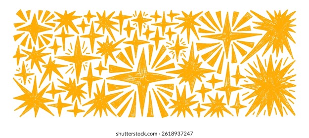 Crayon golden sparkle stars set. Space shine shapes and blings doodle pack. Comets and blinking on night sky. Vector hand drawn twinkles by pencil or pastel illustration isolated on white background..
