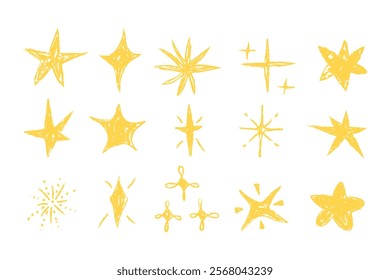 Crayon grunge star, sparkle shine light doodle crayon, pencil texture vector set silhouette in different shapes