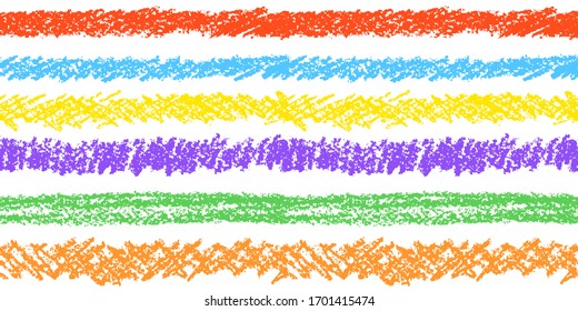 Crayon hand drawing artistic border or seamless stripe pattern. Colorful pastel chalk or pencil art strokes set. Like child`s drawn design elements. Vector grunge texture lines background.