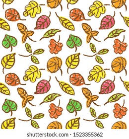 Crayon hand drawing colorful autumn leaves seamless pattern. Fall set on white background. Like child hand drawn flat doodle simple vector style. Pastel chalk or pencil kids painting background