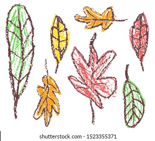 Crayon hand drawing colorful autumn leaves  Fall set white background  Like child hand drawn flat doodle simple knolling vector style  Pastel chalk pencil kids painting autumn pattern background