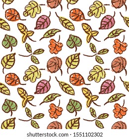 Crayon hand drawing colorful soft color autumn leaves seamless pattern. Fall set on white background. Like child hand drawn flat doodle simple vector style. Pastel chalk or pencil kids painting