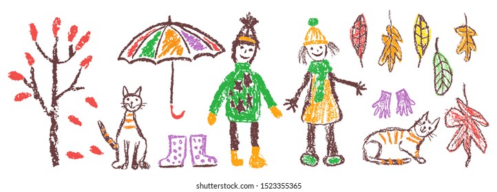 Crayon hand drawing cozy autumn knolling style set. Boy, girl, cat, tree, umbrella, falling leaves on white background. Like kids drawn flat doodle simple vector. Pastel chalk or pencil child painting