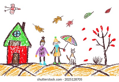 Crayon hand drawing cozy autumn outdoor banner background. Boy, girl, cat, tree, umbrella, falling leaves on white. Like kids drawn doodle simple vector style. Pastel chalk or pencil child painting