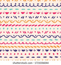 Crayon hand drawing ethnic border or seamless stripe native pattern. Pastel chalk or pencil strokes. Like child`s drawn design elements. Vector cute texture freehand scribble lines background