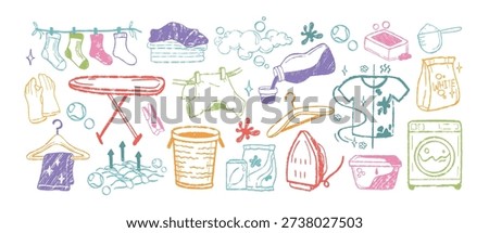 Crayon hand drawing laundry doodle icons. Kids color chalk line art set of clothes, stain detergents, washing machine, iron, baskets, household gloves, ironing board, soap bubbles or cleaning supplies