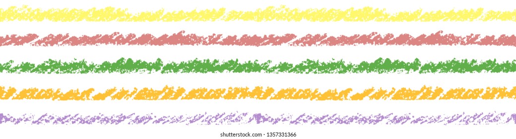 Crayon hand drawing multicolor seamless border or frame. Pastel chalk stroke design elements. Vector colorful artistic line pattern.