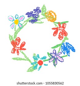 Crayon hand drawing round frame with colorful flowers. Like kid`s drawn funny ornate design element chalk or pencil like child`s style. Vector art strokes lines banner, template, copy space background