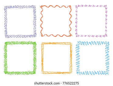 Crayon hand drawing square frames. Set of colorful rectangular ornate design element chalk or pencil like kid`s drawn style. Vector art strokes lines banner border, template, copy space background.