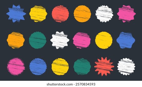 Crayon hand drawing star in cute kid style, pencil marker drawing, Retro colorful kid geometric shapes. Vector illustration of signs and stamps or text dialog box.