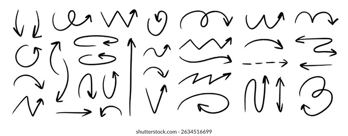 Crayón dibujado a mano colección de flecha. Negro ondulado, zig zag y curvo doodle flechas conjunto. Puntero de croquis de carbón gruñón o líneas de dirección. Lápiz pastel de Vector, rotulador o rotulador Elementos de trazo