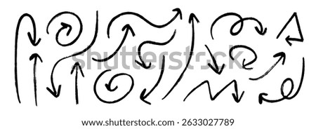 Crayon hand drawn arrow collection. Black curve, zig zag and straight doodle arrows set. Grunge charcoal sketch pointers or direction lines. Vector pastel pencil, chalk or marker brush stroke elements