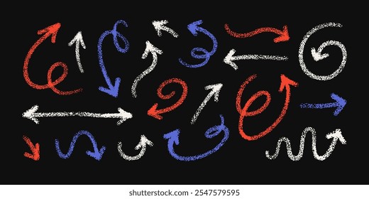 Crayon hand drawn arrows. Blue, red and white line elements with chalk texture. Doodle handwritten arrows on school black chalkboard. Sketch icons of pointing and direction signs, vector set
