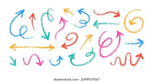 Crayon hand drawn arrows. Cute colorful line elements with chalk texture. Doodle handwritten arrows on white background. Sketch icons of pointing and direction signs, set of vector illustrations