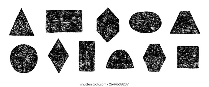 Conjunto de Formas geométricas negras dibujadas a mano. Textura a lápiz o carbón. Círculo, cuadrado, triángulo y rectángulo. Ilustración de textura de Vector