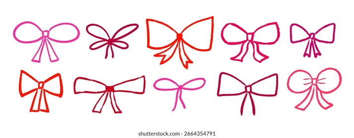 Coleção de arcos desenhados à mão de giz de cera. Arcos de fita rabiscados vermelhos e cor-de-rosa. Brush traçado rabiscado elementos pacote para presente, pacote, presente decoração de caixa. Pasta de giz esboçado pasto amarrado nós pacote. Vetor