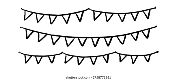 Crayon hand drawn bunting pattern set. Doodled triangle flag garland back. Kid sketched celebration flag chains and pennons for birthday decoration, footer, banner. Vector party pennon collection