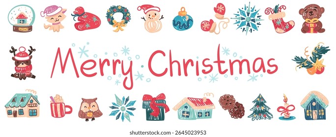 Crayon hand drawn Christmas frame with childlike characters. Fun pastel border with snowman, deer, cat, owl, gifts, huts, trees. Vector Doodle chalk style for banner, background, kids postcard. 