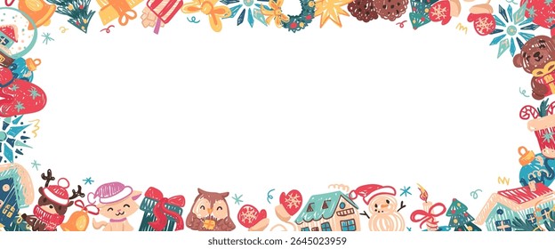 Crayon mão desenhado quadro de Natal com personagens infantis. Divertido pastel borda com boneco de neve, veado, gato, coruja, presentes, cabanas, árvores. Estilo de giz Doodle vetor para banner, fundo, cartão postal das crianças. 