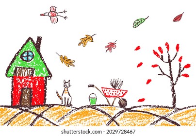 Crayon hand drawn cozy autumn outdoor banner background. Cartoon house, hut, cart, falling leaves in garden. Like kids style doodle simple funny vector art. Pastel chalk or pencil child painting