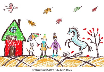 Crayon hand drawn cozy autumn outdoor banner background. Boy, girl, cat, horse, tree, house, falling leaves in garden. Like kids style doodle simple funny vector. Pastel chalk or pencil child cartoon