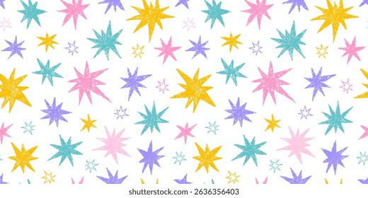 Crayon hand drawn doodle colorful stars seamless pattern. Childish pencil drawing cosmic sparks and sparkles. Vector texture background