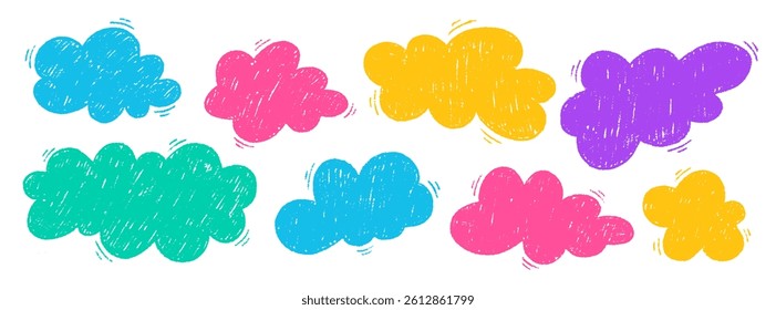 Crayon hand drawn doodle style bright clouds set with pastel texture. Chalk grunge in kids style, speech bubble. Vector illustration