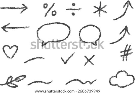 Crayon Hand Drawn Doodle Vector Set — Arrows, Speech Bubbles, Symbols, Heart, Cloud, Math Signs, Chalk Sketch Line Art Illustration