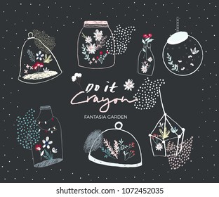 Crayon Hand Drawn Floral Elements, Vector Poster with Rustic Flowers, Greeting Card, Trendy Floral Background, Pastel Color Flowers