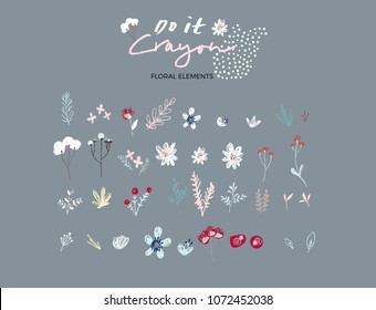 Crayon Hand Drawn Floral Elements, Vector Poster with Rustic Flowers, Greeting Card, Trendy Floral Background, Pastel Color Flowers