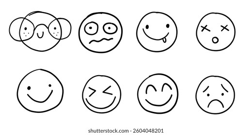Crayon hand drawn funny charcoal face emotion customer satisfaction survey service doodle faces set. Happy angry avatar sketches.