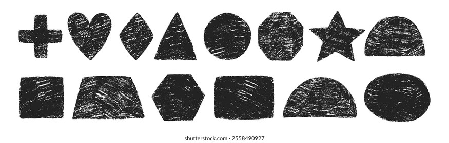 Crayon hand drawn geometric shapes. Texture vector illustration on a dark background.