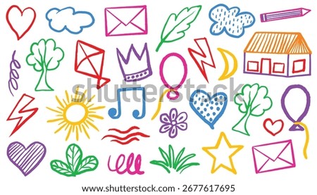 Crayon hand drawn icon background. Children school pencil sketch bg. Cute Summer flower, cloud, house, rainbow, heart, power, crown, massage, sun vector kid sketch illustration. Color pencil doodle