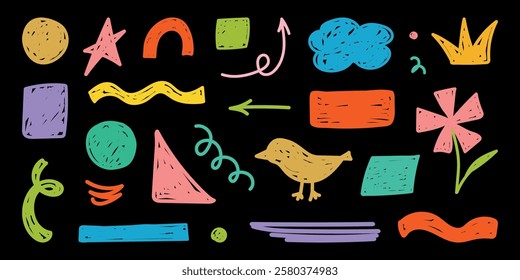 Crayon Hand drawn kids color figure set. Geometric pencil scribble. Abstract doodle elements, frames, brush with lines, chalk textures, kindergarten figures. Childish vector illustration. 
