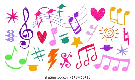 Crayon dibujado a mano doodle nota de música conjunto con pinceladas de color de tiza sobre fondo blanco. La colección de Vector lúdica incluye clave de agudos, corazones y estrellas, relámpago y Elementos de personal.