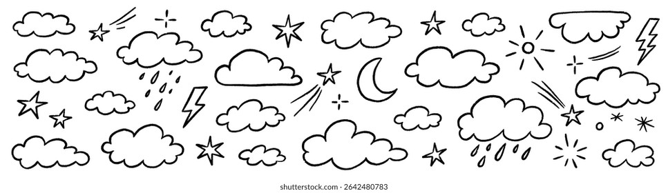 Crayon mão desenhado lápis nuvem elemento conjunto. desenhado à mão pastel lápis lápis traço estrela, nuvem, elementos do sol. Fundo de escola de elementos de céu de cor de bebê bonito com textura de giz. Ilustração vetorial