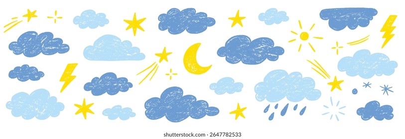 Crayon hand drawn pencil cloud element set. Hand drawn pastel crayon pencil stroke star, cloud, sun elements. Cute baby color sky elements school background with chalk texture. Vector illustration