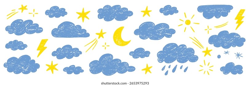 Crayon mão desenhado lápis nuvem elemento conjunto. desenhado à mão pastel lápis lápis traço estrela, nuvem, elementos do sol. Fundo de escola de elementos de céu de cor de bebê bonito com textura de giz. Ilustração vetorial